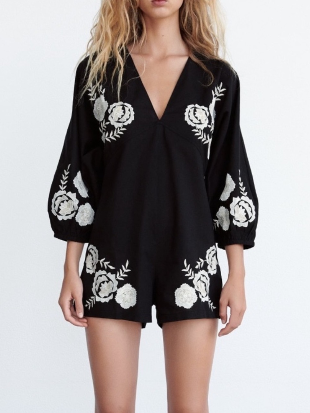 ZARA Embroidered Black Linen Blend Romper Boho Festival Size Small